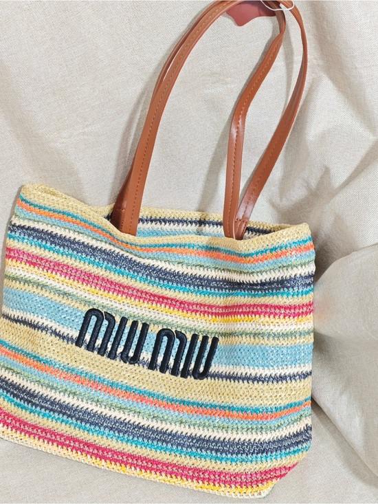 Miu Miu Handbags - Miu Miu Multicolor Striped Crochet Tote with Brown Leather Straps